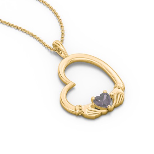 Tilted Heart Claddagh Pendant – 18K Gold Plated Silver with Alexandrite