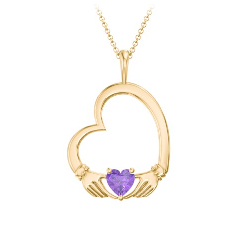 Tilted Heart Claddagh Pendant – 18K Gold Plated Silver with Amethyst