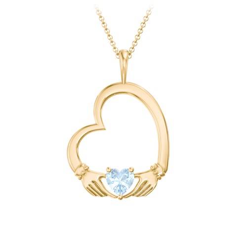 Tilted Heart Claddagh Pendant – 18K Gold Plated Silver with Aquamarine