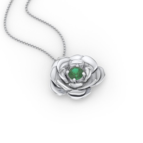 Flourishing Rose Pendant – Sterling Silver with Emerald