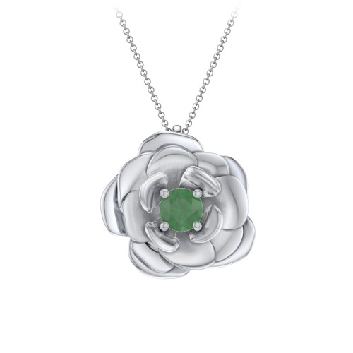 Flourishing Rose Pendant – Sterling Silver with Emerald