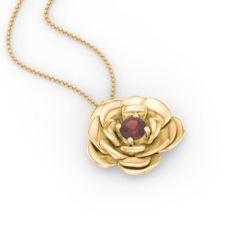 Flourishing Rose Pendant – 10K Yellow Gold with Garnet