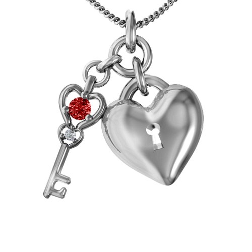 Treasured Heart with Key Pendant – Sterling Silver with Garnet and Cubic Zirconia