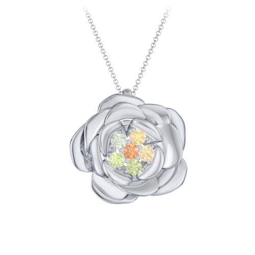 Family Rose Birthstone Pendant – Sterling Silver with Orange Sapphire, Green Sapphire, Peridot, Fancy Yellow Premium Zirconia, and Citrine