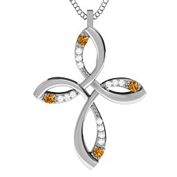 Stylish Curved Cross Pendant in 925 Sterling Silver with Citrine and White Premium Zirconia