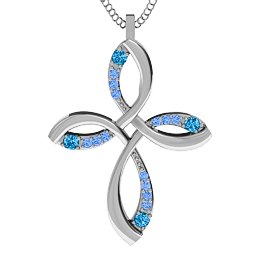 Stylish Curved Cross Pendant in 925 Sterling Silver with Blue Topaz and Fancy Blue Premium Zirconia