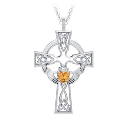 Claddagh Celtic Cross Pendant in 925 Sterling Silver with Citrine and White Premium Zirconia