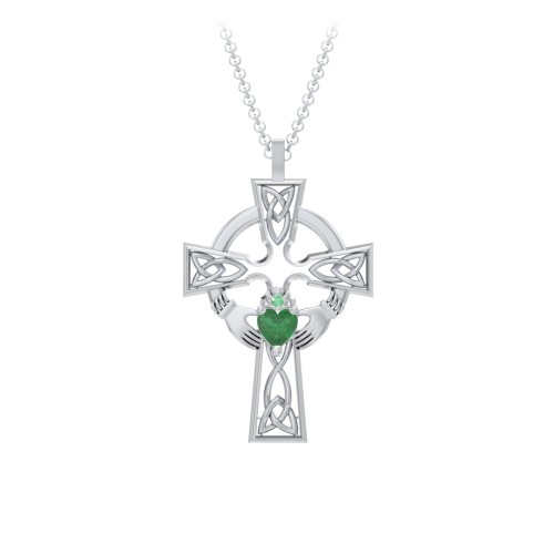 Claddagh Celtic Cross Pendant – Sterling Silver with Emerald and Green Premium Zirconia