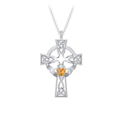 Claddagh Celtic Cross Pendant – Sterling Silver with Citrine and White Premium Zirconia