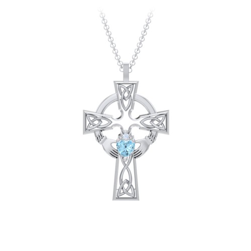 Claddagh Celtic Cross Pendant – Sterling Silver with Blue Topaz and Fancy Blue Premium Zirconia