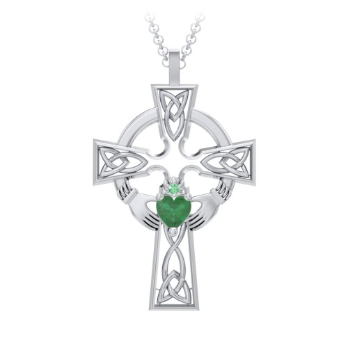 Claddagh Celtic Cross Pendant – Sterling Silver with Emerald and Green Premium Zirconia