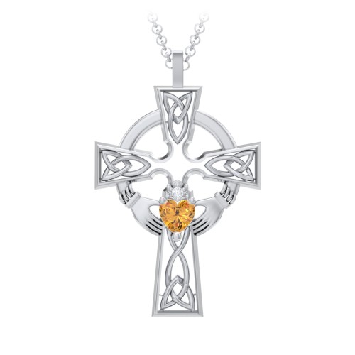 Claddagh Celtic Cross Pendant – Sterling Silver with Citrine and White Premium Zirconia