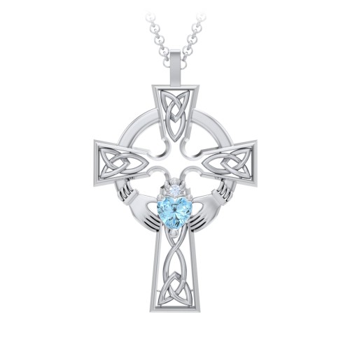 Claddagh Celtic Cross Pendant – Sterling Silver with Blue Topaz and Fancy Blue Premium Zirconia