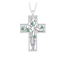 3 - 10 Stone Family Tree Cross Pendant in 925 Sterling Silver with Emerald, Amethyst, Aquamarine, S04CZIR, and Fancy Brown Premium Zirconia
