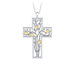 3 - 10 Stone Family Tree Cross Pendant in 925 Sterling Silver with Citrine, Amethyst, Aquamarine, Emerald, S04CZIR, and Fancy Brown Premium Zirconia