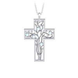 3 - 10 Stone Family Tree Cross Pendant in 925 Sterling Silver with Blue Topaz, Amethyst, Aquamarine, Emerald, S04CZIR, and Fancy Brown Premium Zirconia