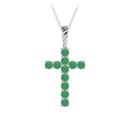 Classic Encrusted 2.5mm Round Cross Pendant in 925 Sterling Silver with Emerald