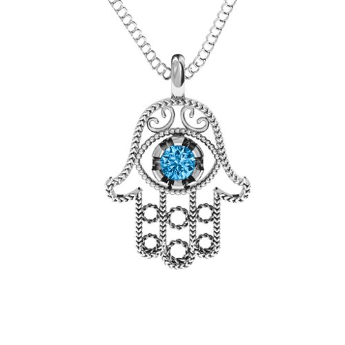 Hamsa Pendant – Sterling Silver with Blue Topaz
