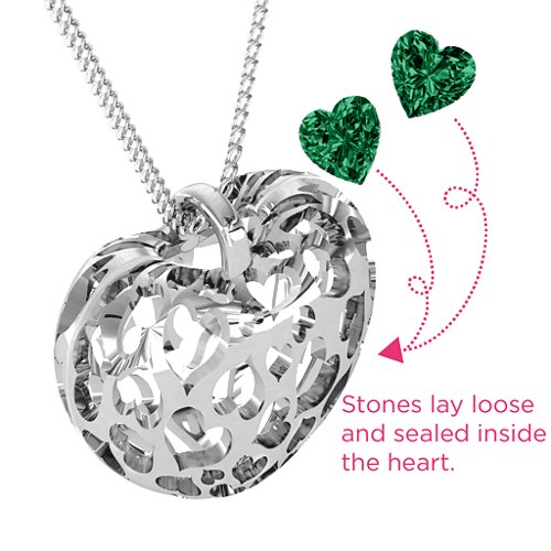 Caged Hearts Pendant With 2–6 Stones – Sterling Silver with Emerald