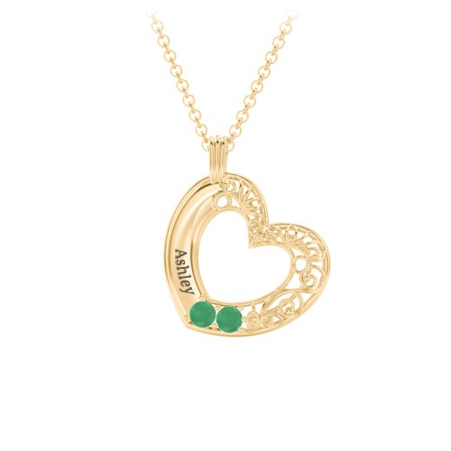 Engravable Filigree Heart Pendant with Birthstones – 18K Gold Plated Silver with Emerald