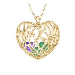 Organic Caged Hearts Pendant in 18K Gold Plated Silver with Emerald and Amethyst