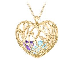 Organic Caged Hearts Pendant in 18K Gold Plated Silver with Blue Topaz and Amethyst