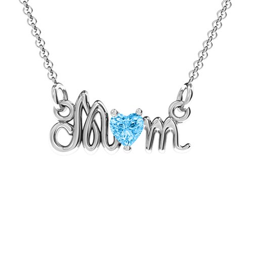 Graceful Mom Heart Birthstone Pendant – Sterling Silver with Blue Topaz