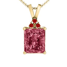 Emerald Cut Solitaire with Accents Pendant in 18K Gold Plated Silver with Red Premium Zirconia and Garnet