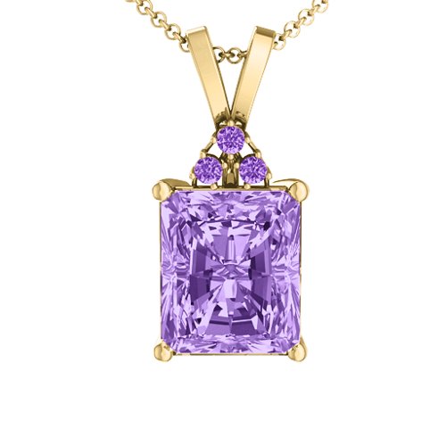 Emerald Cut Solitaire with Accents Pendant – 18K Gold Plated Silver with Amethyst Premium Zirconia and Amethyst