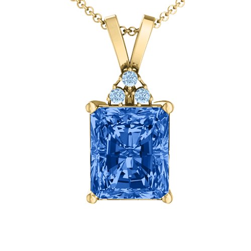 Emerald Cut Solitaire with Accents Pendant – 18K Gold Plated Silver with Fancy Blue Premium Zirconia and Aquamarine