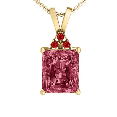 Emerald Cut Solitaire with Accents Pendant – 18K Gold Plated Silver with Red Premium Zirconia and Garnet