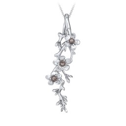 Cherry Blossoms in Bloom Branch Pendant in 925 Sterling Silver with Smokey Quartz, Cubic Zirconia, and Blue Sapphire