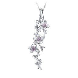 Cherry Blossoms in Bloom Branch Pendant in 925 Sterling Silver with Alexandrite, Cubic Zirconia, and Blue Sapphire