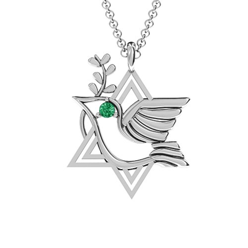 Star of David and Dove of Peace Pendant – Sterling Silver with Emerald