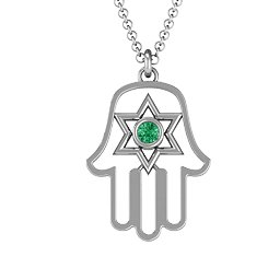 Hamsa with Star of David Pendant in 925 Sterling Silver with Emerald