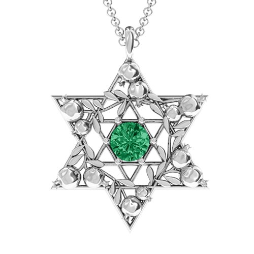 Pomegranate Branch Star of David Pendant – Sterling Silver with Emerald