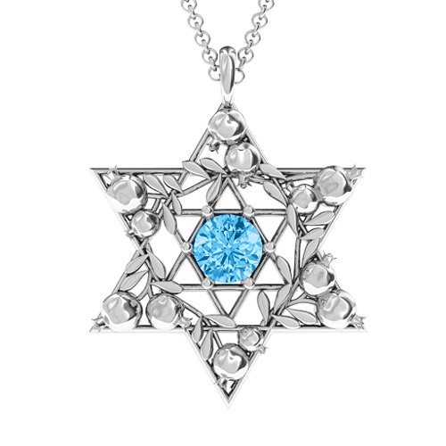 Pomegranate Branch Star of David Pendant – Sterling Silver with Blue Topaz