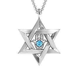 Star of David with Hamsa Pendant in 925 Sterling Silver with Blue Topaz