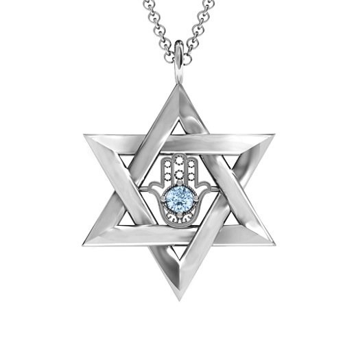 Star of David with Hamsa Pendant – Sterling Silver with Aquamarine