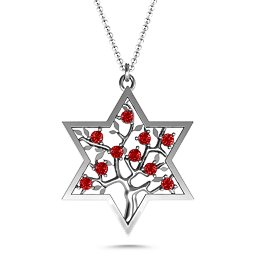 Tree of Life in Star of David Pendant in 925 Sterling Silver with Garnet