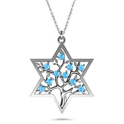 Tree of Life in Star of David Pendant in 925 Sterling Silver with Blue Topaz
