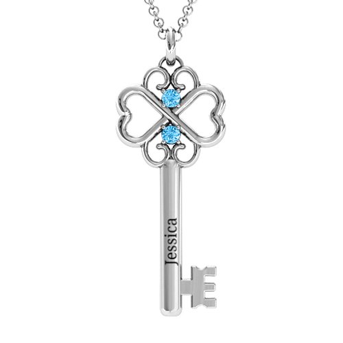 Hearts and Clover Infinity Key Pendant – Sterling Silver with Blue Topaz