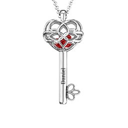 “Beautiful Blossoms” Caged Key Pendant in 925 Sterling Silver with Garnet, Emerald, and Cubic Zirconia