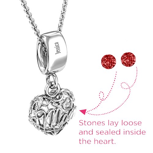 Engravable Mom Heart Cage Pendant with 2-4 Gemstones – Sterling Silver with Garnet