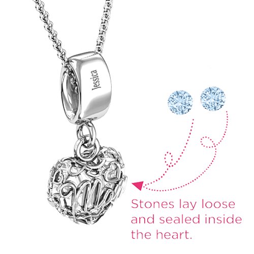 Engravable Mom Heart Cage Pendant with 2-4 Gemstones – Sterling Silver with Aquamarine