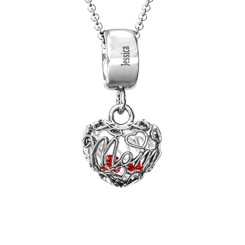 Engravable Mom Heart Cage Pendant with 2-4 Gemstones – Sterling Silver with Garnet