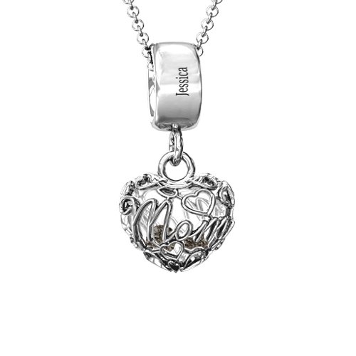 Engravable Mom Heart Cage Pendant with 2-4 Gemstones – Sterling Silver with Smokey Quartz