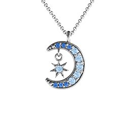 Sparkling Star And Moon Gemstone Pendant in 925 Sterling Silver with Aquamarine and Fancy Blue Premium Zirconia