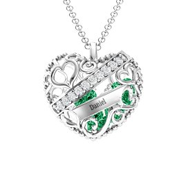 Engravable Heart Cage Pendant With 1 - 6 Heart Gemstones in 925 Sterling Silver with Emerald and Aquamarine
