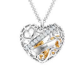 Engravable Heart Cage Pendant With 1 - 6 Heart Gemstones in 925 Sterling Silver with Citrine, Aquamarine, and Emerald